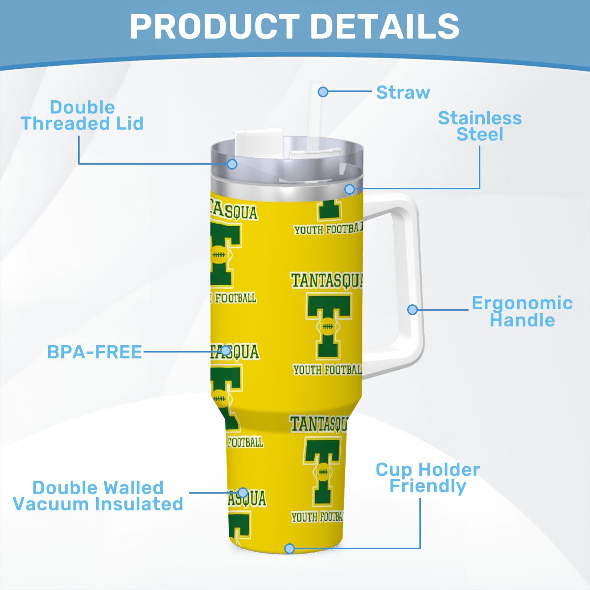 Travel Coffee Mug with Handle and Straw (40oz) (TYF, Yellow)