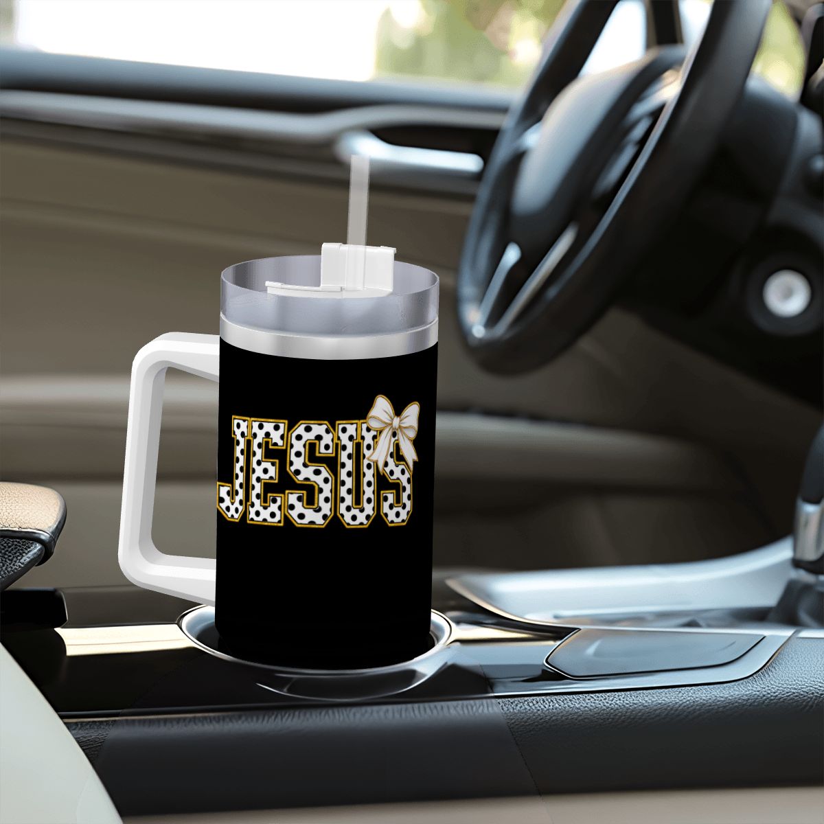 Coquette Polka Dot 'Jesus' Travel Coffee Mug with Handle and Straw (40oz)