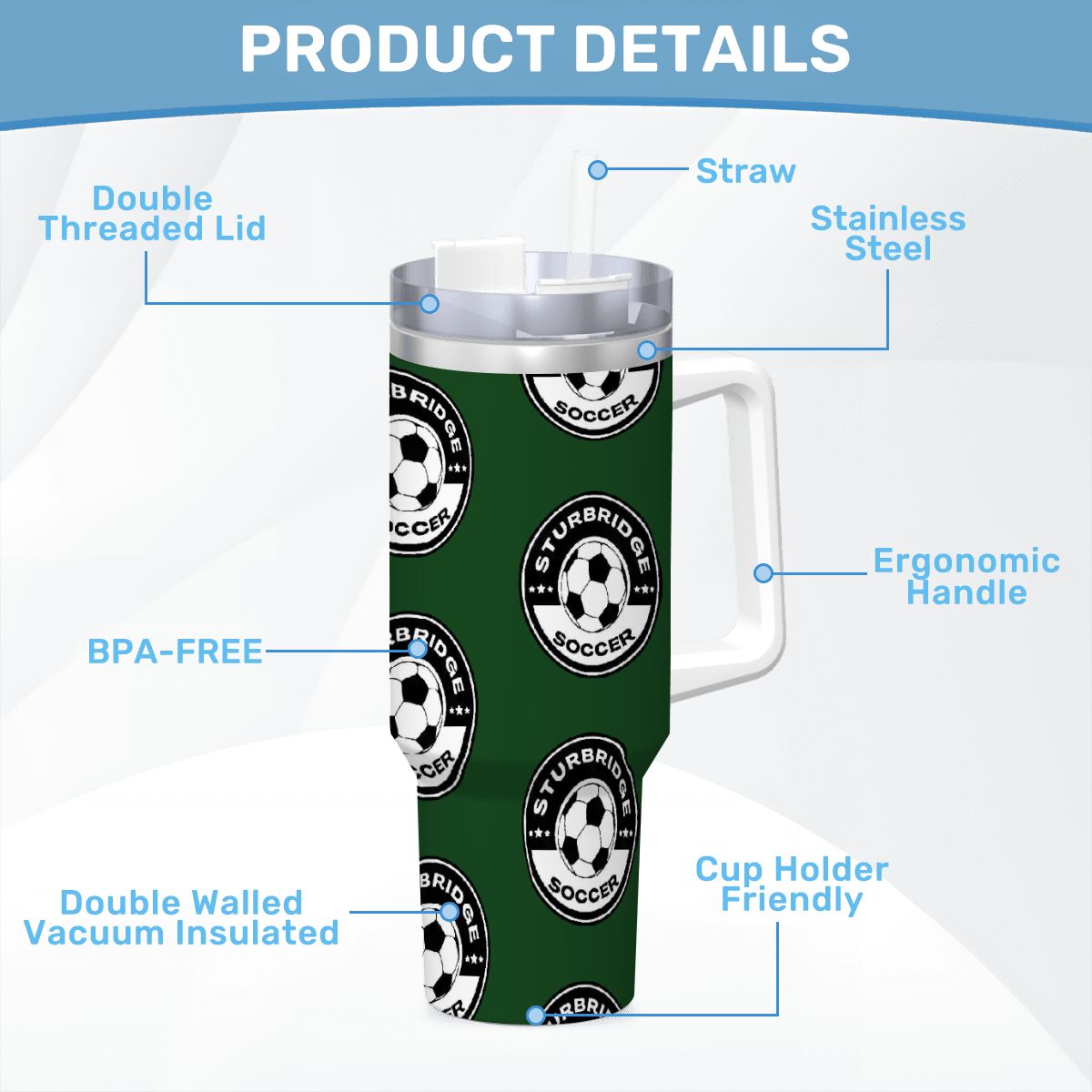 Sturbridge Youth Soccer Travel Coffee Mug with Handle and Straw (40oz)