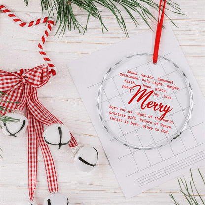 Merry Typography Round Glass Christmas Ornament