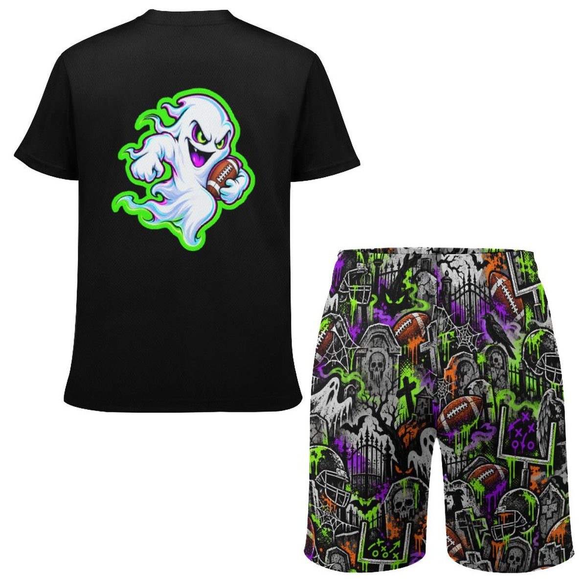 Boys Halloween Football Two-Piece Mesh Shorts and T-Shirt Set