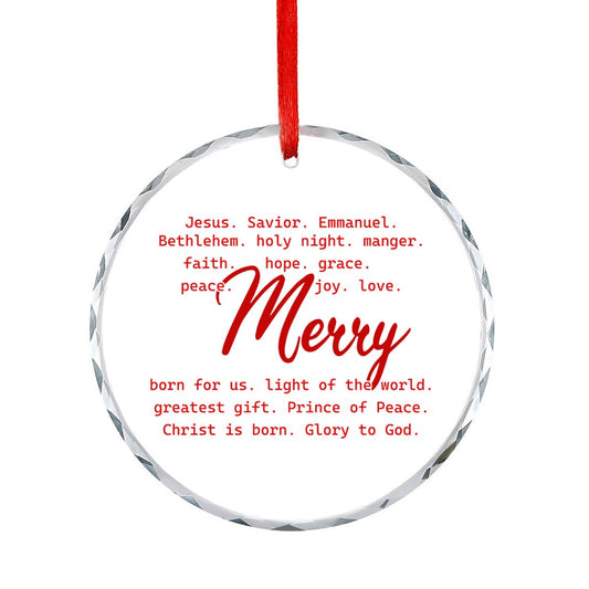 Merry Typography Round Glass Christmas Ornament