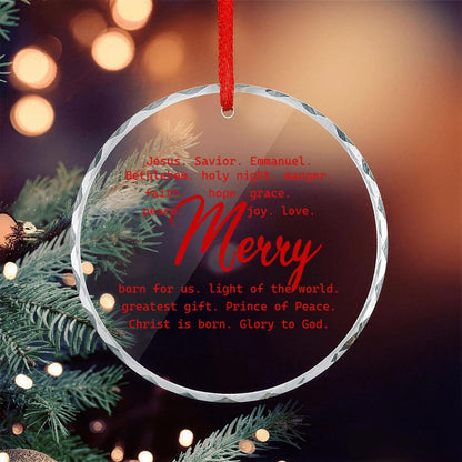 Merry Typography Round Glass Christmas Ornament