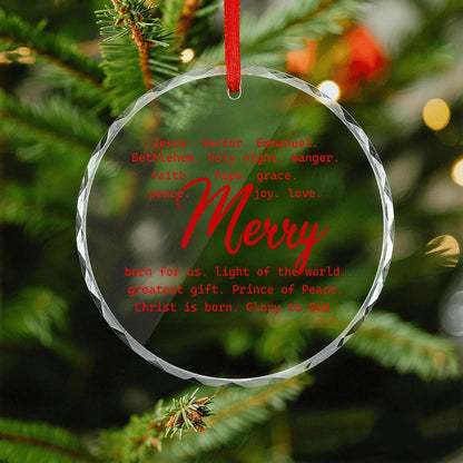 Merry Typography Round Glass Christmas Ornament