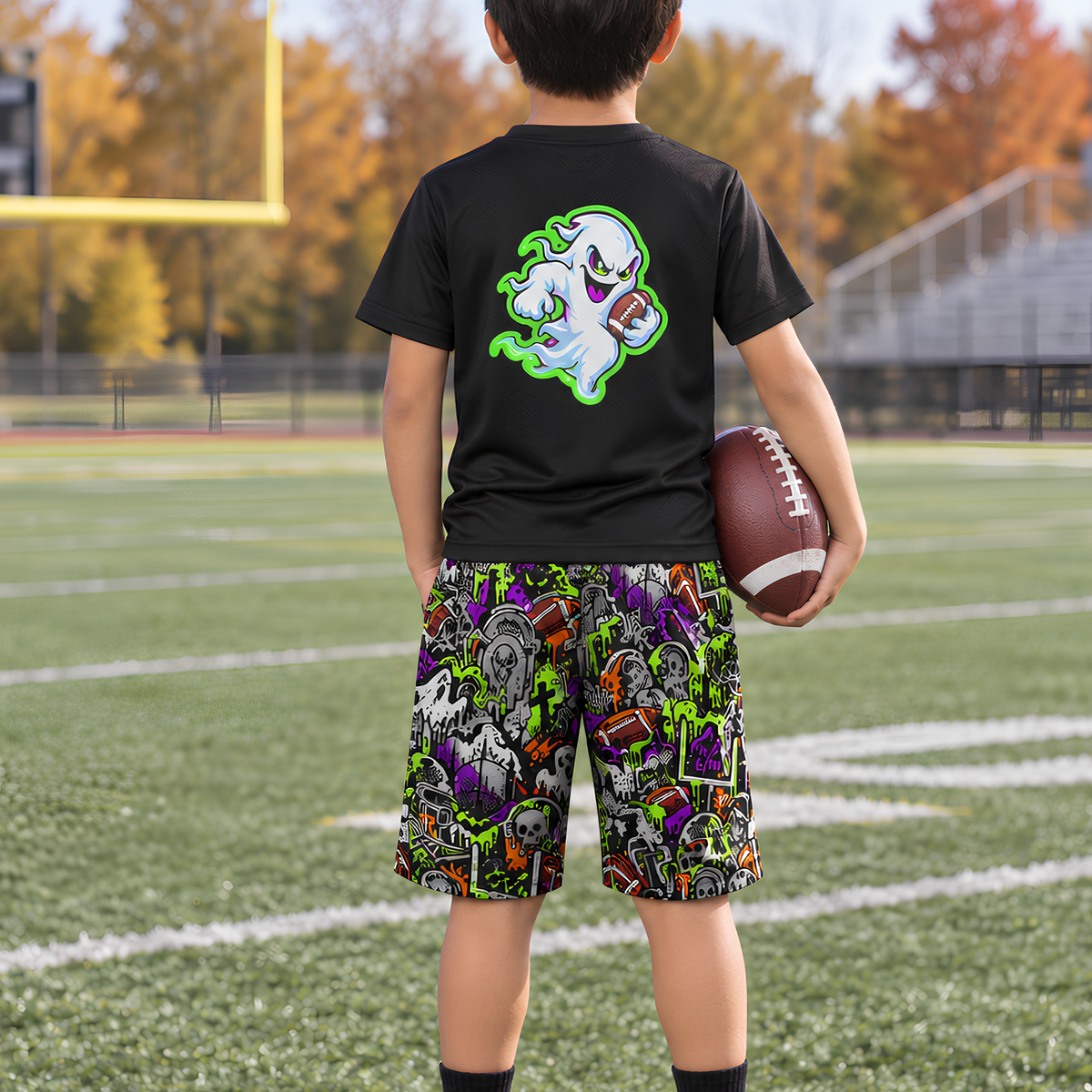 Boys Halloween Football Two-Piece Mesh Shorts and T-Shirt Set