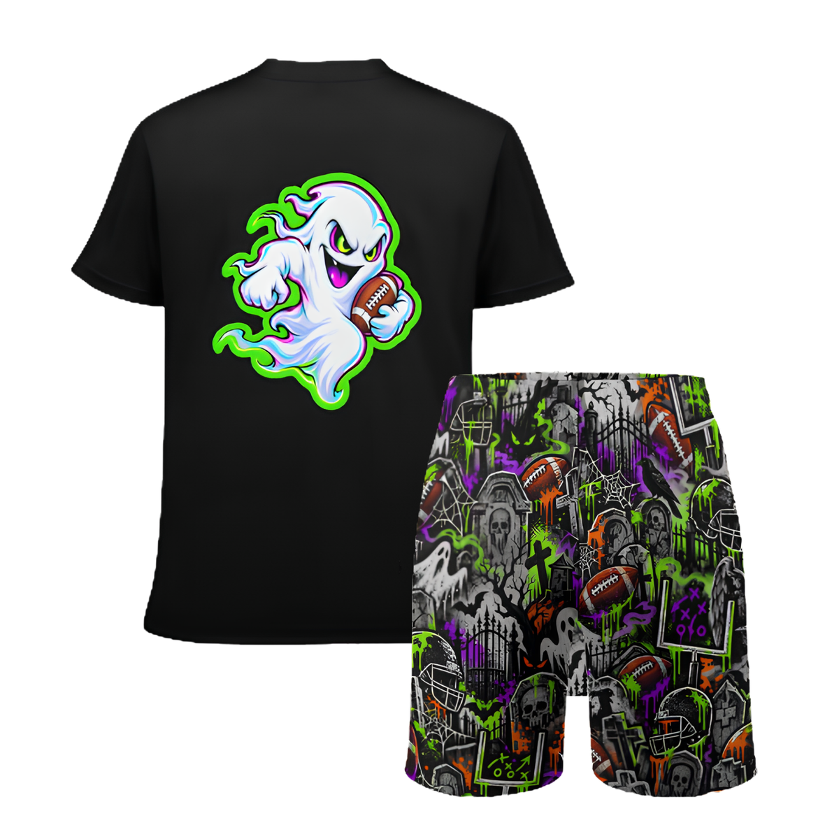 Boys Halloween Football Two-Piece Mesh Shorts and T-Shirt Set